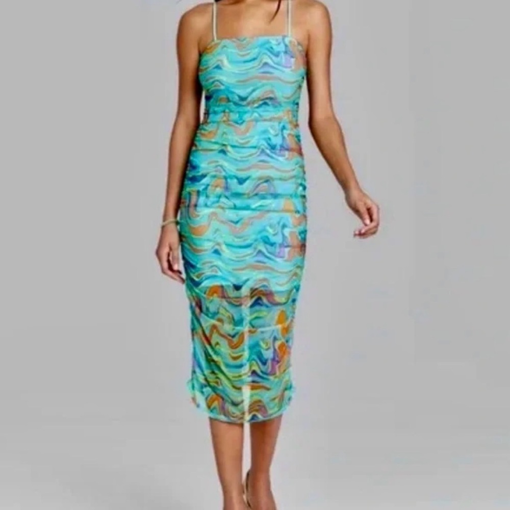 wild fable Turquoise Multicolor Wave-Print Slip mesh Dress